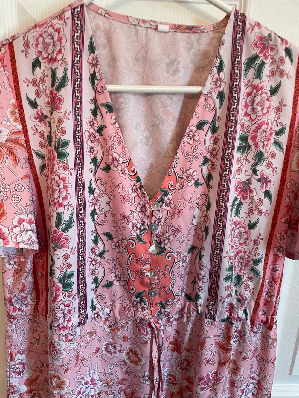 SHEIN Pink Floral V-Neck Mini Dress with Green Accents